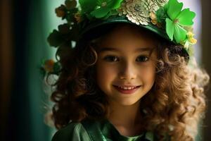 ai gerado retrato do uma lindo pequeno menina dentro uma verde chapéu.st. patrick's dia conceito foto