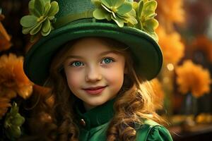 ai gerado retrato do uma lindo pequeno menina dentro uma verde chapéu.st. patrick's dia conceito foto