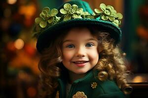 ai gerado retrato do uma lindo pequeno menina dentro uma verde chapéu.st. patrick's dia conceito foto