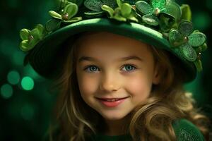 ai gerado retrato do uma lindo pequeno menina dentro uma verde chapéu.st. patrick's dia conceito foto