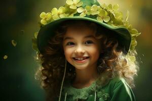 ai gerado retrato do uma lindo pequeno menina dentro uma verde chapéu.st. patrick's dia conceito foto