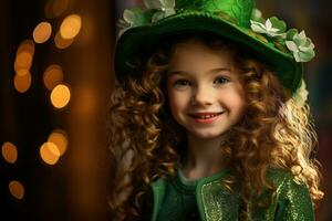 ai gerado retrato do uma lindo pequeno menina dentro uma verde chapéu.st. patrick's dia conceito foto