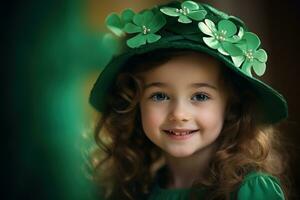 ai gerado retrato do uma lindo pequeno menina dentro uma verde chapéu.st. patrick's dia conceito foto