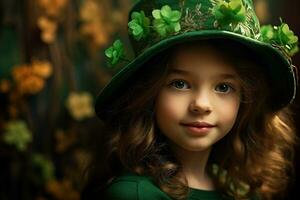 ai gerado retrato do uma lindo pequeno menina dentro uma verde chapéu.st. patrick's dia conceito foto