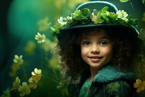 ai gerado retrato do uma lindo pequeno menina dentro uma verde chapéu.st. patrick's dia conceito foto