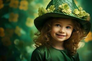 ai gerado retrato do uma lindo pequeno menina dentro uma verde chapéu.st. patrick's dia conceito foto