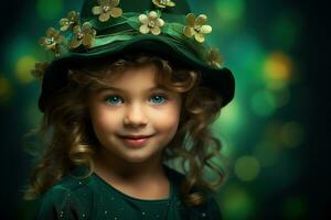 ai gerado retrato do uma lindo pequeno menina dentro uma verde chapéu.st. patrick's dia conceito foto