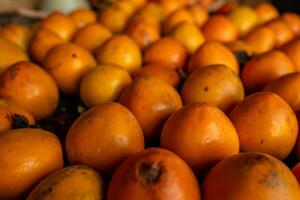 maduro laranja caquis. em a mesa dentro a mercado. uma grupo do orgânico caqui frutas às uma local agricultores mercado dentro Dalat cidade, Vietnã. caqui fundo. plano deitar. foto