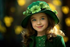 ai gerado retrato do uma lindo pequeno menina dentro uma verde chapéu.st. patrick's dia conceito foto