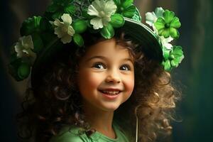 ai gerado retrato do uma lindo pequeno menina dentro uma verde chapéu.st. patrick's dia conceito foto