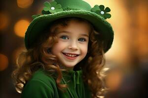 ai gerado retrato do uma lindo pequeno menina dentro uma verde chapéu.st. patrick's dia conceito foto