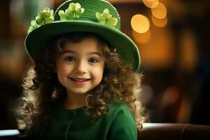 ai gerado retrato do uma lindo pequeno menina dentro uma verde chapéu.st. patrick's dia conceito foto