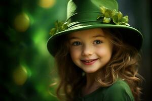 ai gerado retrato do uma lindo pequeno menina dentro uma verde chapéu.st. patrick's dia conceito foto