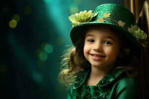 ai gerado retrato do uma lindo pequeno menina dentro uma verde chapéu.st. patrick's dia conceito foto