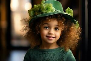 ai gerado retrato do uma lindo pequeno menina dentro uma verde chapéu.st. patrick's dia conceito foto