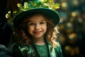 ai gerado retrato do uma lindo pequeno menina dentro uma verde chapéu.st. patrick's dia conceito foto