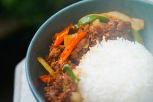 fumaça carne com Pimenta e arroz foto