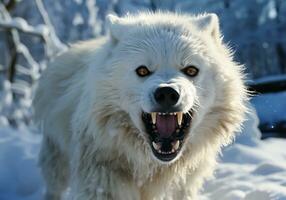 ai gerado feroz e Bravo ártico branco Lobo dentro inverno panorama com queda neve foto