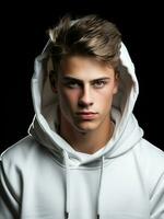 ai gerado jovem adolescente vestindo uma branco capuz. casual moda foto