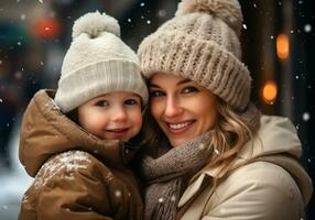 ai gerado criança em mãe colo vestido dentro caloroso roupas dentro uma de lã chapéu e lenço, em a rua com queda neve. inverno tempo. foto