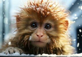 ai gerado fofa bebê macaco dentro inverno panorama com queda neve foto