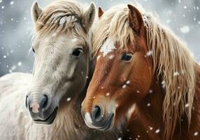 ai gerado típica islandês cavalo dentro inverno panorama com queda neve foto