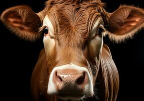 ai gerado realista retrato do uma vaca em Sombrio fundo foto