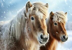 ai gerado típica islandês cavalo dentro inverno panorama com queda neve foto