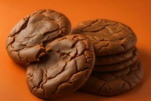 ai gerado chocolate lasca biscoitos em laranja fundo. fechar acima. seletivo foco. ai generativo foto