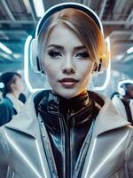 ai gerado retrato do uma lindo jovem mulher dentro futurista óculos e fones de ouvido foto