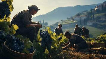 ai gerado trabalhadores colheita uvas, pronto para construir a essência do delicioso vinho foto