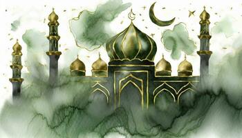 ai gerado Ramadã kareem mesquita islâmico aguarela fundo com dourado veias e mármore textura foto