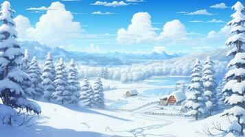 ai gerado inverno Vila Nevado panorama com pinheiros floresta e colinas em fundo. quadrinho pintura estilo. foto