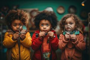 ai gerado retrato do pequeno africano americano meninas olhando através ampliação vidro dentro loja, uma grupo do Jardim da infância crianças, amigos segurando ampliação óculos para exploração, ai gerado foto