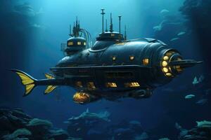 ai gerado submarino dentro profundo azul mar. 3d renderizar. fantasia, uma fantasia submarino, ai gerado foto