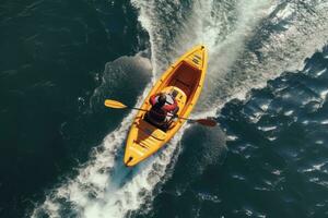 ai gerado aéreo Visão do uma homem dentro uma caiaque em a mar, aéreo Careca Visão do Ziguezague fez de uma Rapidez barco em uma caiaque Navegando instrução, ai gerado foto