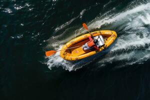 ai gerado aéreo Visão do uma caiaque dentro a meio do a mar, aéreo Careca Visão do Ziguezague fez de uma Rapidez barco em uma caiaque Navegando instrução, ai gerado foto