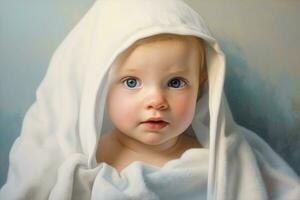 ai gerado retrato do uma fofa pequeno bebê menina dentro uma branco toalha, adorável bebê com azul olhos dentro uma toalha depois de uma banho, apresentado dentro uma retrato, ai gerado foto