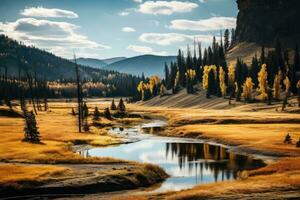 ai gerado lindo outono panorama dentro Yellowstone nacional parque, Wyoming, EUA, outono panorama dentro pedra amarela, Wyoming, EUA, ai gerado foto