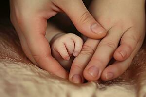 ai gerado recém-nascido bebê dentro a mãos do pais. fechar-se, bebê pés dentro mãe mãos, fechar-se, ai gerado foto