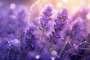 ai gerado lavanda flor florescendo Campos dentro sem fim linhas. pôr do sol tomada. foto