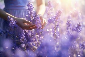 ai gerado lavanda flor florescendo Campos dentro sem fim linhas. pôr do sol tomada. foto