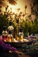 ai gerado Cosmético produtos com lavanda essencial óleo seletivo foco foto