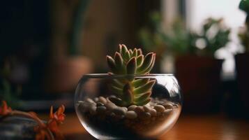 ai gerado uma geléia feijão plantar suculento cacto dentro uma transparente vidro tigela Como uma quarto decoração ornamental plantar. foto