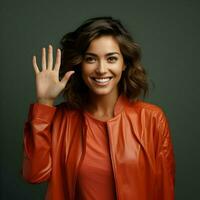 ai gerado foto do a sorridente mulher acenando dela mão em uma Sombrio fundo. Alto qualidade. ai generativo