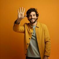 ai gerado foto do a sorridente homem acenando dele mão em uma amarelo fundo. Alto qualidade. ai generativo