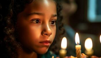 ai gerado uma fofa menina sorridente, segurando uma vela, a comemorar dela aniversário gerado de ai foto