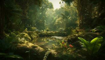 ai gerado tranquilo tropical floresta tropical, verde Palma árvores, fluindo água, sereno panorama gerado de ai foto