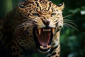 ai gerado Bravo jaguar dentro a floresta tropical foto