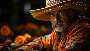 ai gerado sorridente homem, iluminado cidade, confiante, desfrutando vida noturna, olhando às Câmera gerado de ai foto